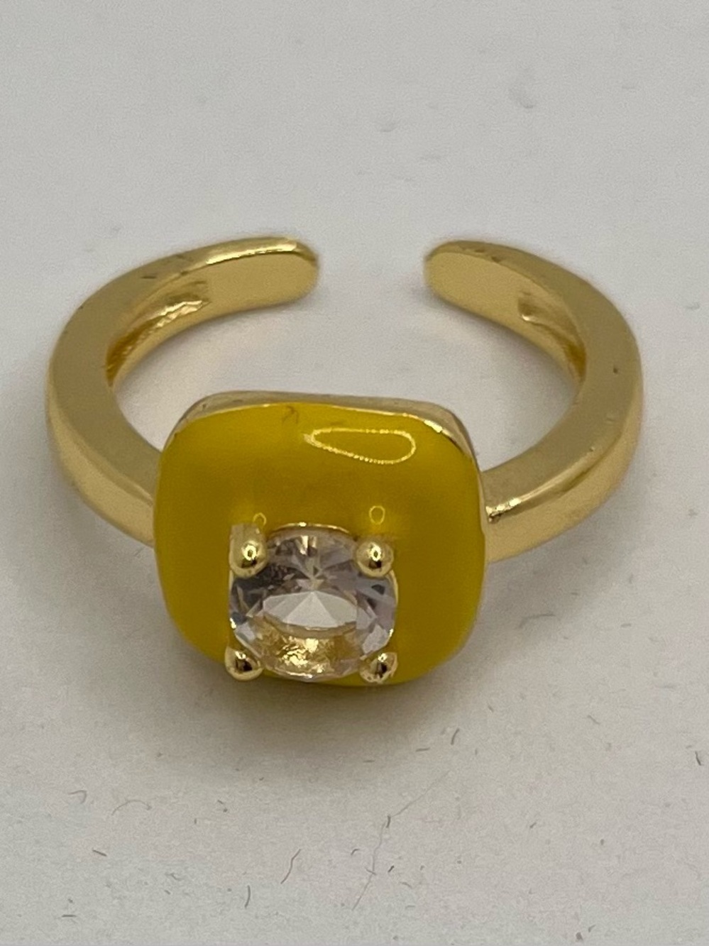Gold-Tone Ring with Yellow Enamel and Clear Stone - Women's Jewelry